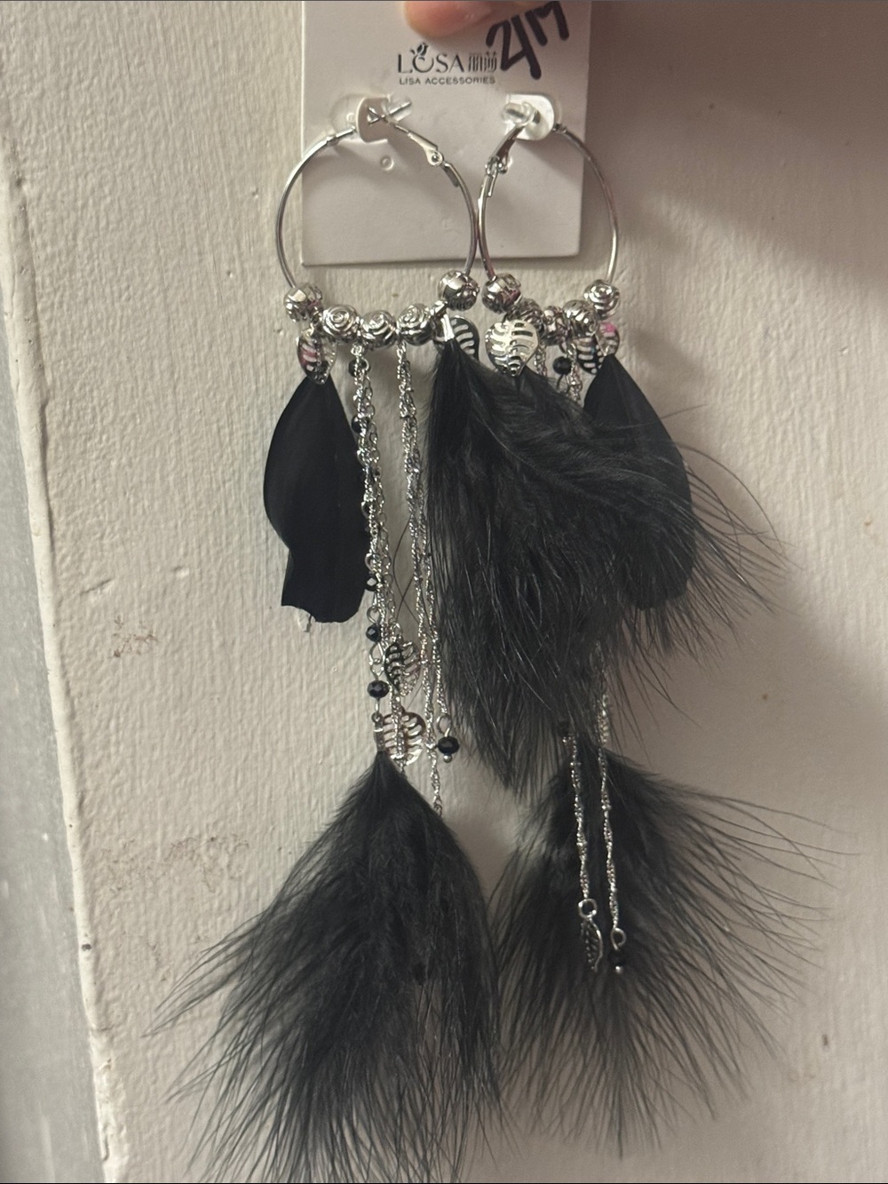 Black Feather Dangle Hoop Earrings